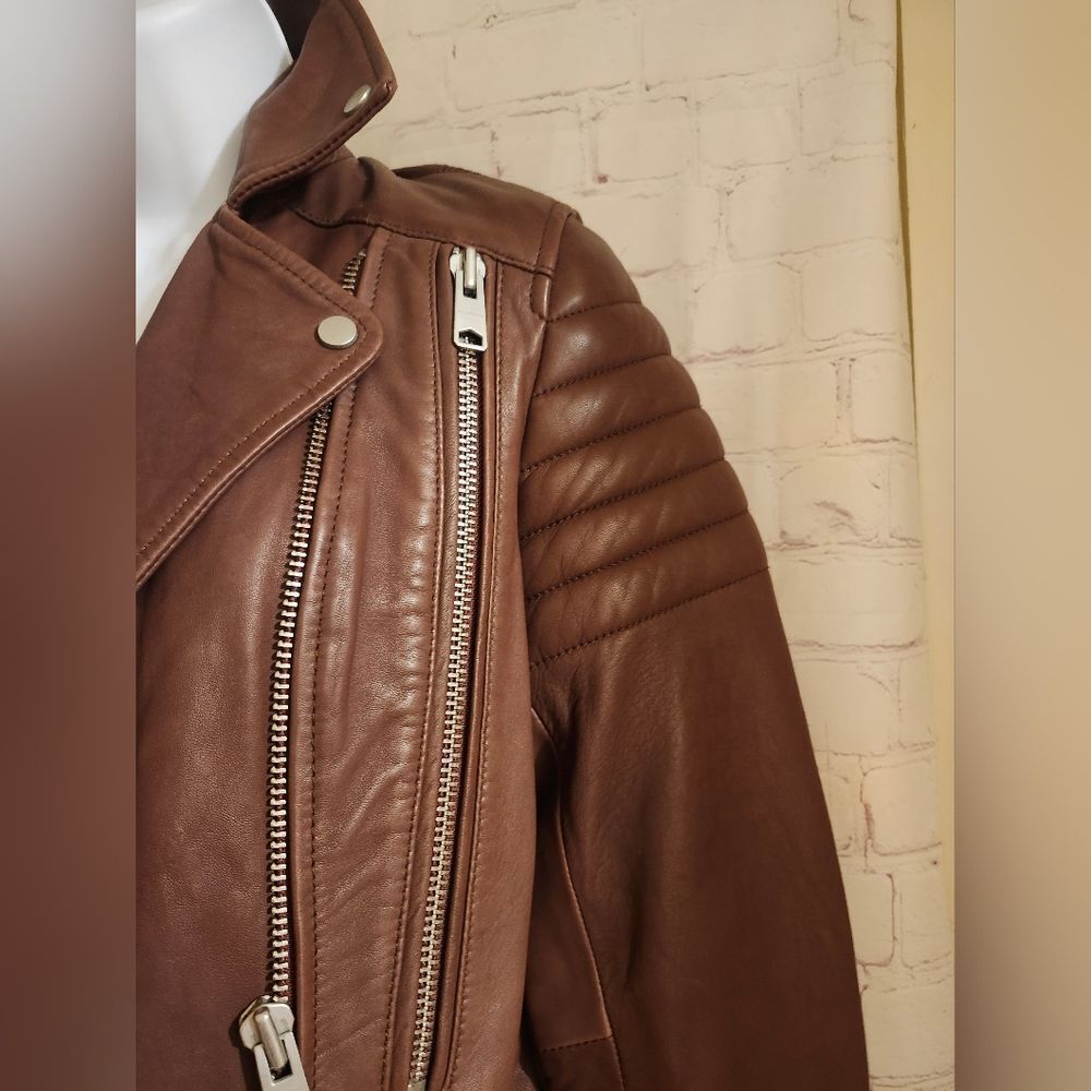 AllSaints “Alder Biker" Brown Buttery Leather Moto Jacket US 6/ EU 38 Ret. $499 - Picture 5 of 14